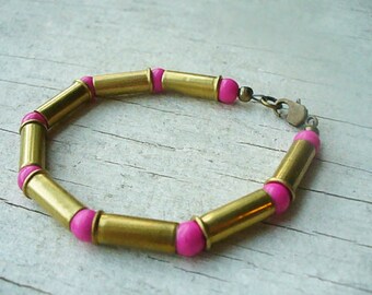 Woman's Unique 22 Bullet Casings Jewelry  - Bright Pink Beaded Bracelet