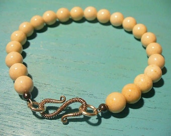 Men's Off White Cream River Stone Beaded Bracelet  - Sterling Silver