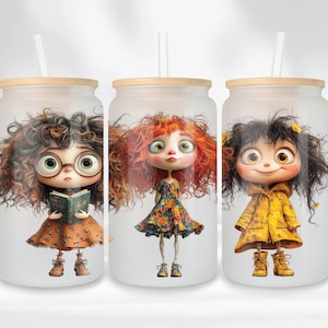 Eigenzinnige meisjes glazen blikverpakking, schattig meisje 16 oz glazen blikje, Frazzled Orange Hair Girl 16 oz Libbey glazen beker beker Tumbler wrap, sublimatieontwerp