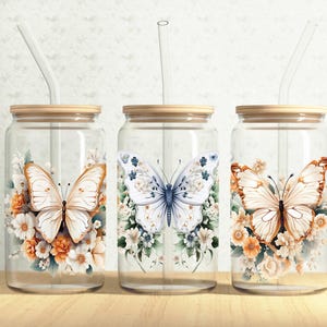 Floral Butterflies Glass Can Wrap, Flower Butterfly 16oz Glass Can, gold Butterfly 16oz Libbey Glass Cup Tumbler Wrap, Sublimation Design