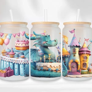 Whimsical Birthday Glass Can Wrap, Birthday Dragon 16oz Glass Can, PNG, Castle Cake 16oz Libbey Glass Cup Tumbler Wrap, Sublimation Design
