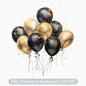 Balloons Clipart, Black & Gold Balloons PNG, Balloon Arch, Junk Journals, Scrapbooking Sublimation Graphics, Transparent png, Art Prints