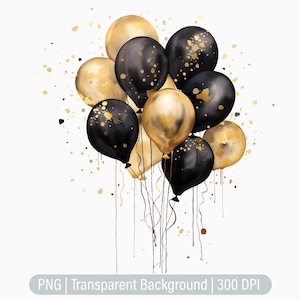 Balloons Clipart, Black & Gold Balloons PNG, Party Balloon, Junk Journals, Scrapbooking Sublimation Graphics, Transparent png, Art Prints