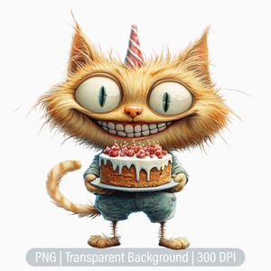 Quirky Birthday Cat Clipart, Funny Cat PNG, Cute Cat, Cake, Junk Journals, Scrapbooking, Printable Sublimation Graphics, Commercial Use