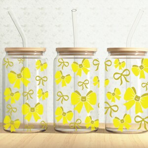Yellow Bow Ribbons Can Wrap, Coquette Bows 16oz Glass Can, Bows 16oz Libbey Glass Cup Tumbler Wrap, Sublimation Design