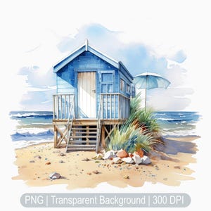 Beach Hut Watercolour Clipart, Beach House png, Digital Art, Sublimation, transparent background