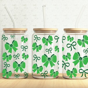 Bow Ribbons Can Wrap, Coquette Bows 16oz Glass Can, Green Bow 16oz Libbey Glass Cup Tumbler Wrap, Sublimation Design