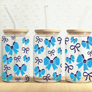 Blue Bow Ribbons Can Wrap, Coquette Bows 16oz Glass Can, Bows 16oz Libbey Glass Cup Tumbler Wrap, Sublimation Design
