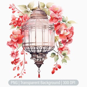 Floral Chinese Lantern Clipart, Red Lantern png, Lantern, Junk Journals, Scrapbooking, Sublimation Graphics, Transparent png, Art Prints