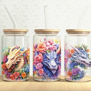 Floral Dragons Glass Can Wrap, Fantasy Animals 16oz Glass Can, Flower Dragon 16oz Libbey Glass Cup Tumbler Wrap, Sublimation Design