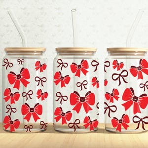 Red Bow Ribbons Can Wrap, Coquette Bows 16oz Glass Can, Bows 16oz Libbey Glass Cup Tumbler Wrap, Sublimation Design
