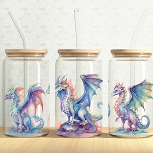 Pastel Dragons Glass Can Wrap, Fantasy Animals 16oz Glass Can, Dragon Wings 16oz Libbey Glass Cup Tumbler Wrap, Sublimation Design