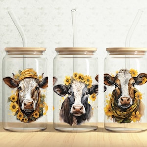 Sunflower Cows Glass Can Wrap, Cute Cow 16oz Glass Can, Floral Cow 16oz Libbey Glass Cup Tumbler Wrap, Sublimation Design