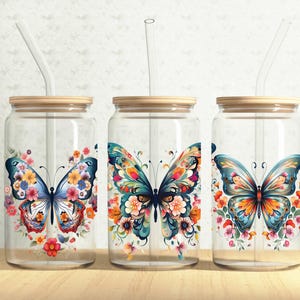 Butterflies Glass Can Wrap, Floral Butterfly 16oz Glass Can, Flower Butterfly 16oz Libbey Glass Cup Tumbler Wrap, Sublimation Design