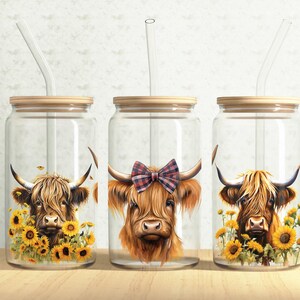 Highland Cow Glass Can Wrap, Cute Cow 16oz Glass Can, Floral Highland Cow, Sunflowers 16oz Libbey Glass Cup Tumbler Wrap, Sublimation Design