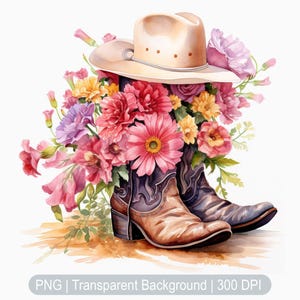 Floral Cowgirl Boots Clipart, Cowgirl hat Clipart, Watercolor Cowboy Boots Clipart, Country Sublimation print, transparent background png