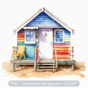 Beach Hut Watercolor Clipart, Beach House png, Digital Art, Sublimation graphics, transparent png, Summer, Wall art prints, illustrations