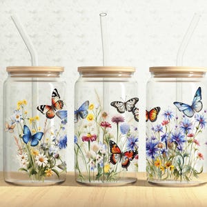 Wildflowers Butterflies Glass Can Wrap, Floral Butterfly 16oz Glass Can, Butterfly 16oz Libbey Glass Cup Tumbler Wrap, Sublimation Design
