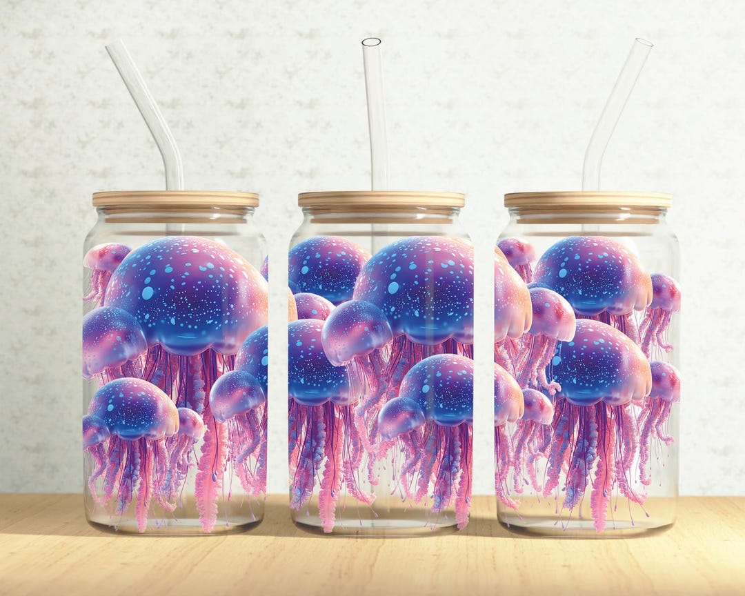 Jellyfish Can Wrap Glowing Jellyfish 16oz Glass Can Ocean Animals