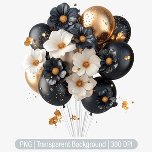 Floral Balloon Clipart, Gold & Black Balloons PNG, Junk Journals, Scrapbooking, Sublimation Graphics, Transparent png, Art Prints