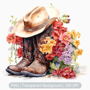 Floral Cowgirl Boots Clipart, Cowgirl hat Clipart, Watercolor Cowboy Boots Clipart, Country Sublimation print, transparent background png