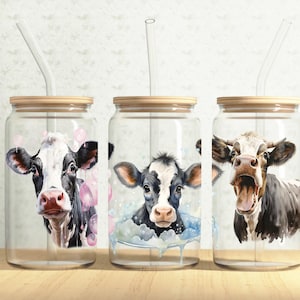 Cows Glass Can Wrap, Cute Cow 16oz Glass Can, Farm Cow 16oz Libbey Glass Cup Tumbler Wrap, Sublimation Design