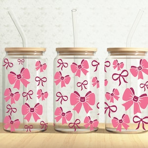 Bow Ribbons Can Wrap, Coquette Bows 16oz Glass Can, Pink Bow 16oz Libbey Glass Cup Tumbler Wrap, Sublimation Design