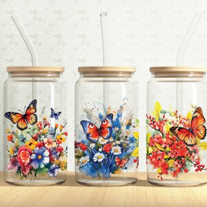 Floral Butterflies Glass Can Wrap, Flowers Butterfly 16oz Glass Can, Garden Butterfly 16oz Libbey Glass Cup Tumbler Wrap, Sublimation Design