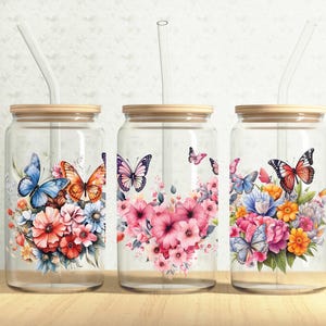 Butterflies Glass Can Wrap, Floral Butterfly 16oz Glass Can, Flower Butterfly 16oz Libbey Glass Cup Tumbler Wrap, Sublimation Design