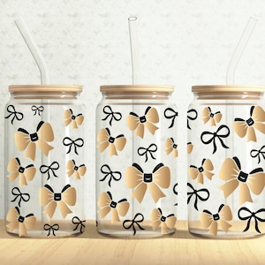 Bow Ribbons Can Wrap, Coquette Bow 16oz Glass Can, Gold Bows 16oz Libbey Glass Cup Tumbler Wrap, Sublimation Design