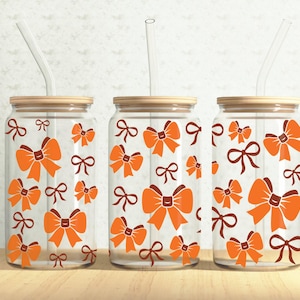 Orange Bow Ribbons Can Wrap, Coquette Bow 16oz Glass Can, Fall Bows 16oz Libbey Glass Cup Tumbler Wrap, Sublimation Design