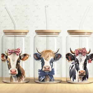 Cows Glass Can Wrap, Cute Cows 16oz Glass Can, Farm Animals 16oz Libbey Glass Cup Tumbler Wrap, Sublimation Design