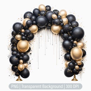 Balloon Arch Clipart, Black & Gold Balloons PNG, Party Balloon, Junk Journal, Scrapbooking Sublimation Graphics, Transparent png, Art Prints