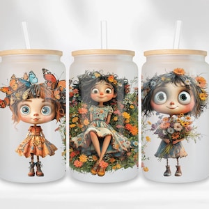 Eigenzinnige bloemenmeisjes glazen blikje wrap, schattig klein meisje 16oz glazen blikje, Frazzled Girl 16oz Libbey glazen beker beker Tumbler wrap, sublimatieontwerp