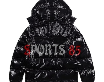 Jaqueta puffer com capuz removível Trapstar Irongate, preta brilhante.