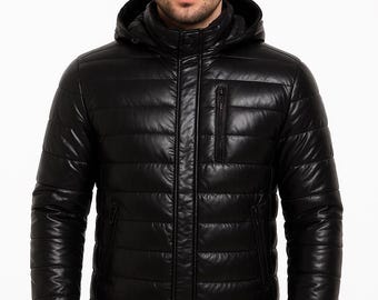 Jaqueta puffer masculina de couro de ovelha preto | Casaco de inverno