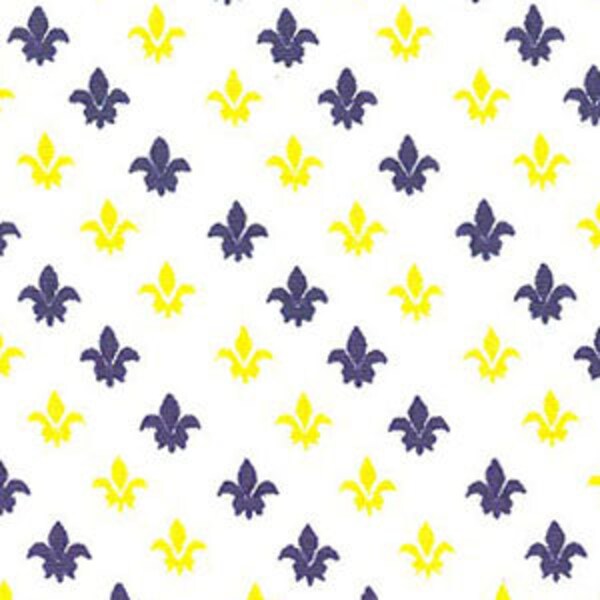 Purple and Gold Fleur de Lis on White Fabric by Fabric Finders