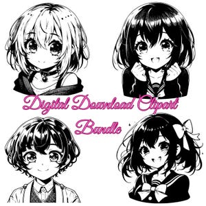 Anime Character Portrait,Clipart,TShirt Design,Sublimation,Anime Girl Line Art Set,Kawaii Manga Png,Black White Clipart,Digital Download