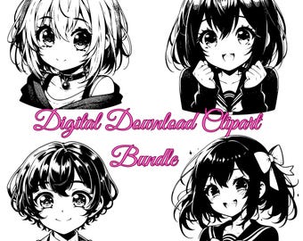 May include: A digital download clipart bundle featuring four black and white anime-style portraits of young people with large eyes and various hairstyles. The text "Digital Download Clipart Bundle" is written in pink cursive.