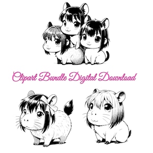 Adorable Cartoon Guinea Pig Illustrations Anime Style Cute Character Designs for Kawaii Shirts and Clipart Downloads Capybara PNG Digital
