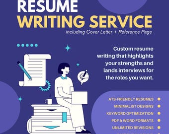 May include: An illustrated advertisement for a resume writing service. The text reads "RESUME WRITING SERVICE" with additional text including "Cover Letter + Reference Page". The image includes a person using a laptop, a pencil, and a stack of books.