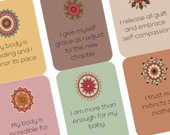 Puede incluir: Un conjunto de tarjetas de afirmación con esquinas redondeadas, cada una con un diseño de mandala colorido. Las tarjetas tienen varios fondos pastel y textos inspiradores como "Mi cuerpo está sanando" y "Confío en mis instintos."