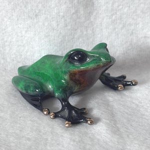 May include: A small, glossy green frog figurine with black feet and gold-colored toes. The frog has large, black eyes and a reddish-brown area around its mouth. The figurine is set against a white, textured background.