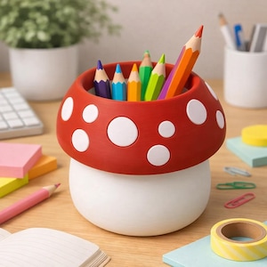 Op de afbeelding: Een grillige paddenstoelvormige potloodhouder in rood met witte stippen, gevuld met kleurpotloden. De basis is wit. Andere kantoorbenodigdheden, waaronder een roze potlood, plaknotities en washitape, liggen op het houten bureau.