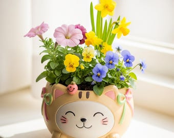 Kawaii Cat Flower Pot | 3D Printed Kitten Planter Cute Succulent Pot for Desk Decor | Nursery Gift for Plant Lovers and Cat Fans
