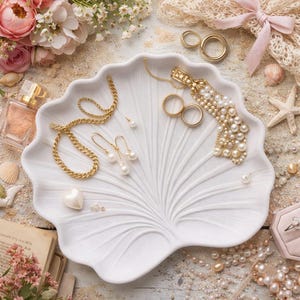 May include: A white, seashell-shaped jewelry tray holds gold necklaces, earrings with pearls, rings, and a pearl bracelet. A perfume bottle and pink flowers are in the background, with a scattering of pearls and seashells.