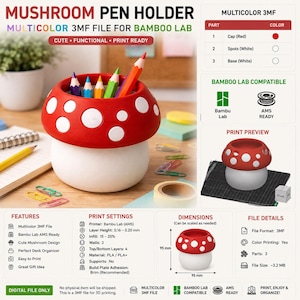 Mushroom Planter 3MF File for Bambu Lab| Multicolor 3D Print | AMS Ready Digital Download