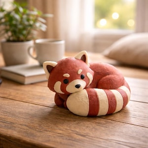 Op de afbeelding: Een rode panda beeldje met een crèmekleurig gezicht, oren en buik, en een gestreepte staart in rood en crème. Het beeldje ligt op een houten tafel. De achtergrond omvat een plant, een mok en een boek.