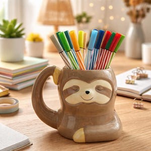 Może przedstawiać: Biały ceramiczny kubek z czarnym uchwytem i napisem "But First, Coffee" pogrubioną, czarną czcionką. Kubek jest umieszczony na neutralnym tle, podkreślając jego prosty design.