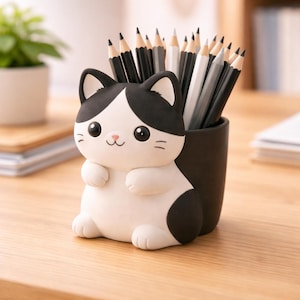 Puede incluir: Un portalápices con forma de gato blanco y negro, con un recipiente cilíndrico negro que contiene lápices. Los lápices son negros, blancos y grises. El gato tiene una cara sonriente y está sobre un escritorio de madera.